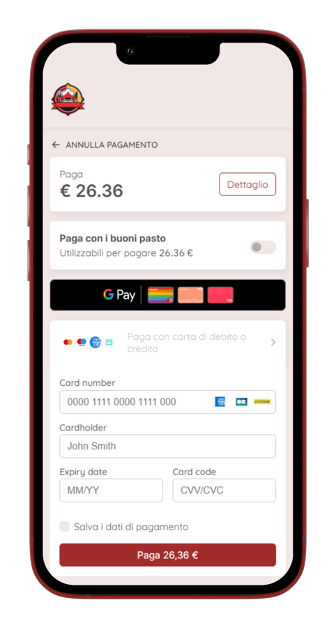 Pagamento del conto con buoni pasto, wallet e carta