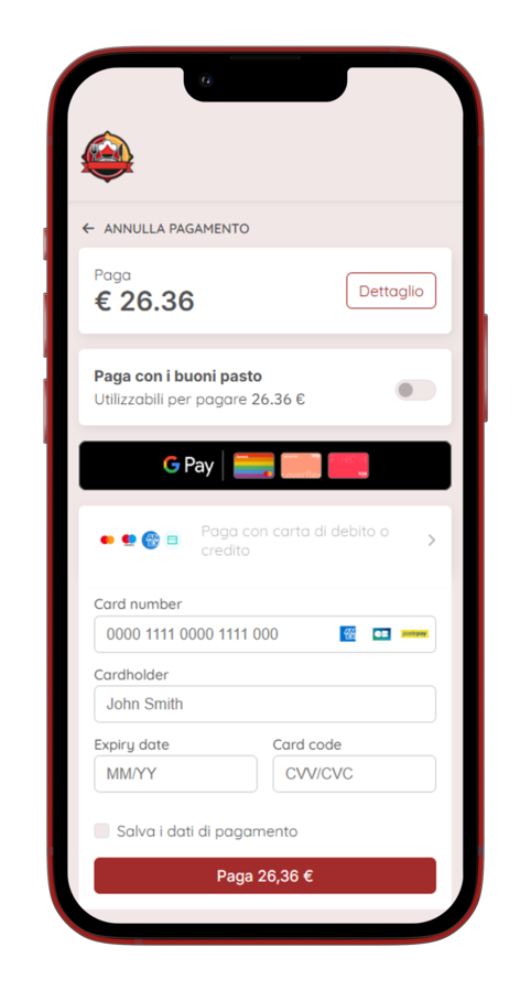 Checkout Voucherly da smartphone con buoni pasto, Google Pay e carta